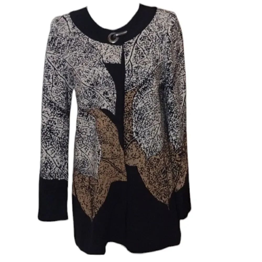 Nic + Zoe Santana cardigan leaf leaves knit grey brown snap closures M